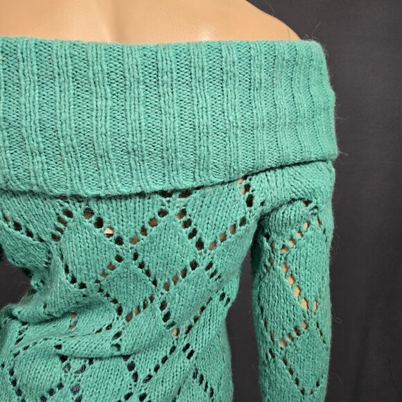 Y2K Groggy Off Shoulder Sweater Size S Green Long Sleeve Fairy Boho Wool Blend - Picture 8 of 9